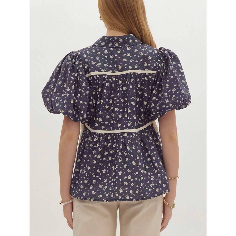 NEW ENTRO floral bubble sleeve bow top in navy - Picture 3 of 8